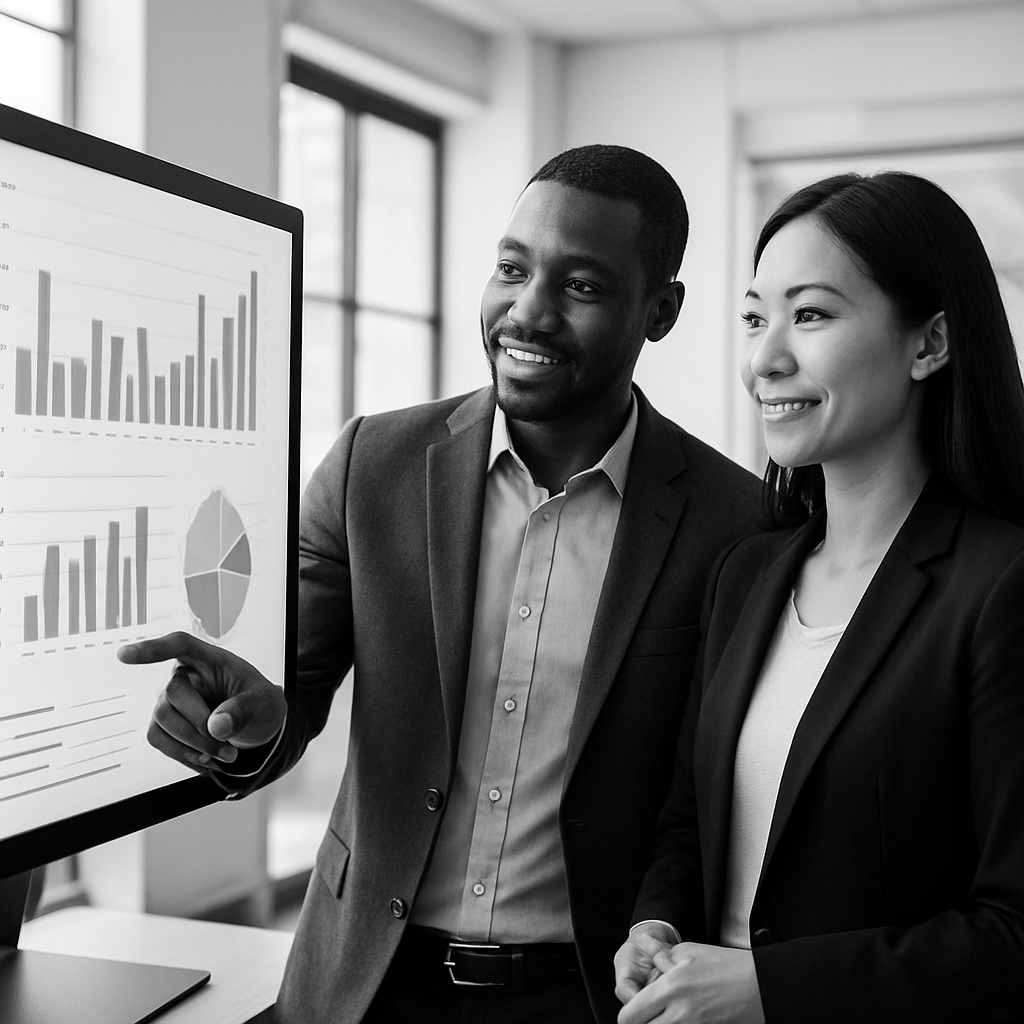 Two CPG data professionals reviewing aligned charts together